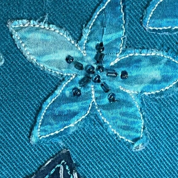 Chico's Design Jacket 2 M Denim Silk Embroidered Floral Hawaiian Parrot Bead VTG - Picture 8 of 11